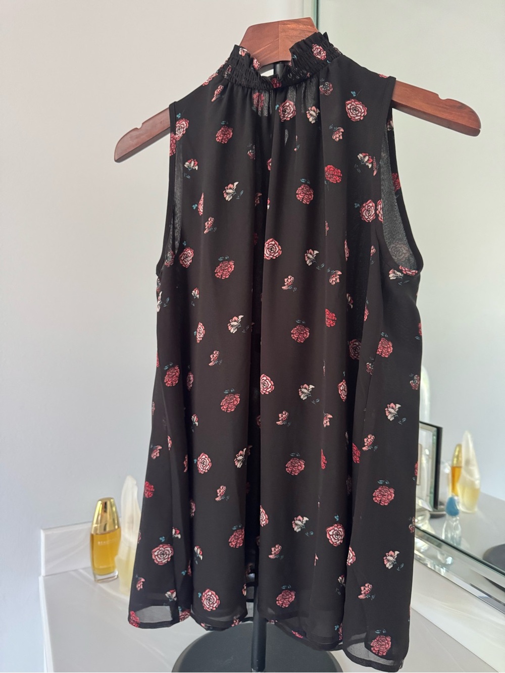 LOFT Black Sleeveless Floral Ruffle-Neck Blouse